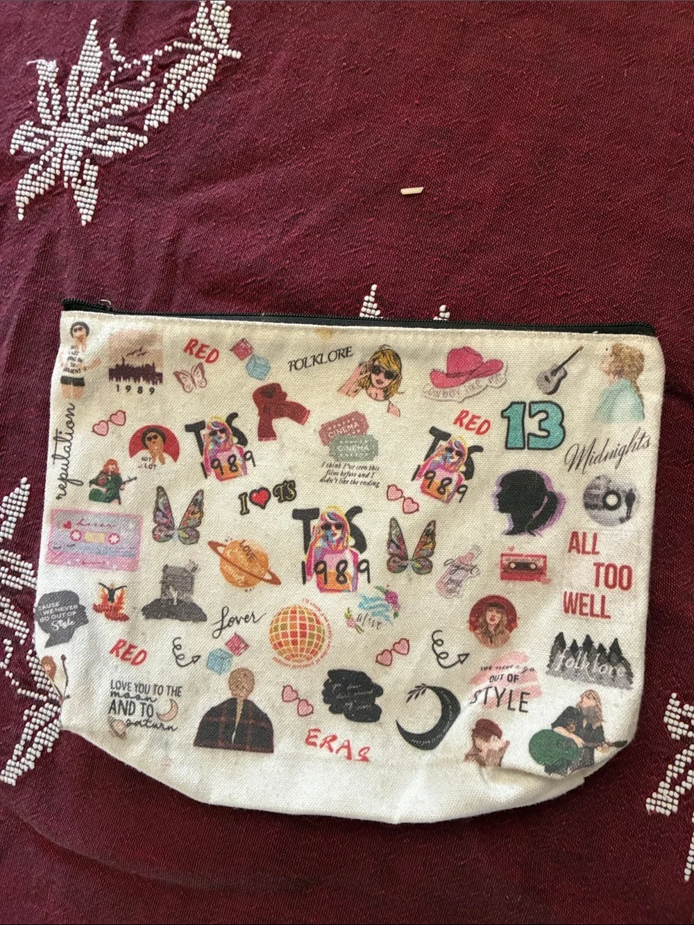 Taylor Swift Cream Zip Pouch with Multicolor Fan Icons